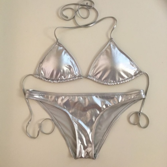 silver bikini set metallic